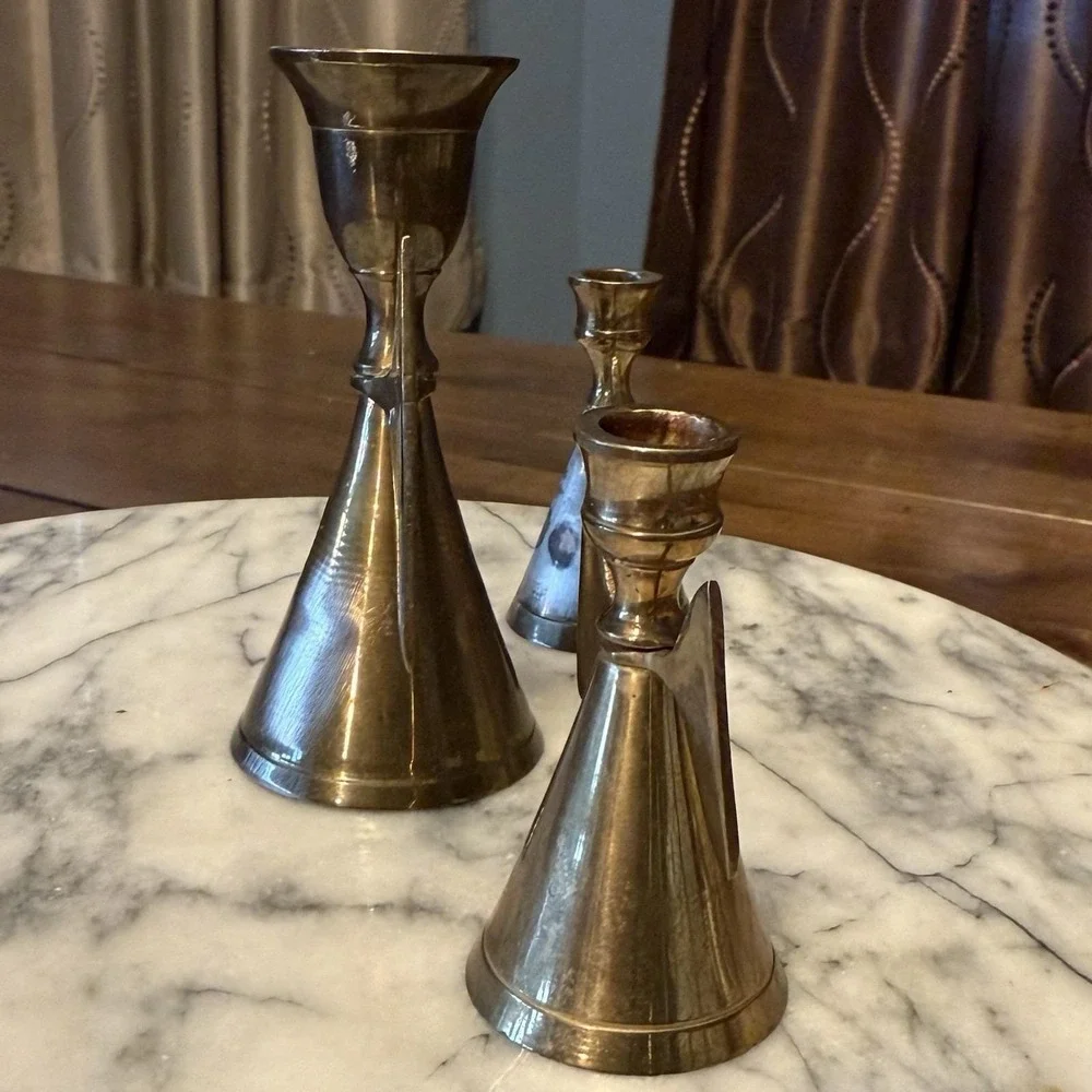 3 VTG Brass Angel Candlesticks Holder Candle Snuffer 4